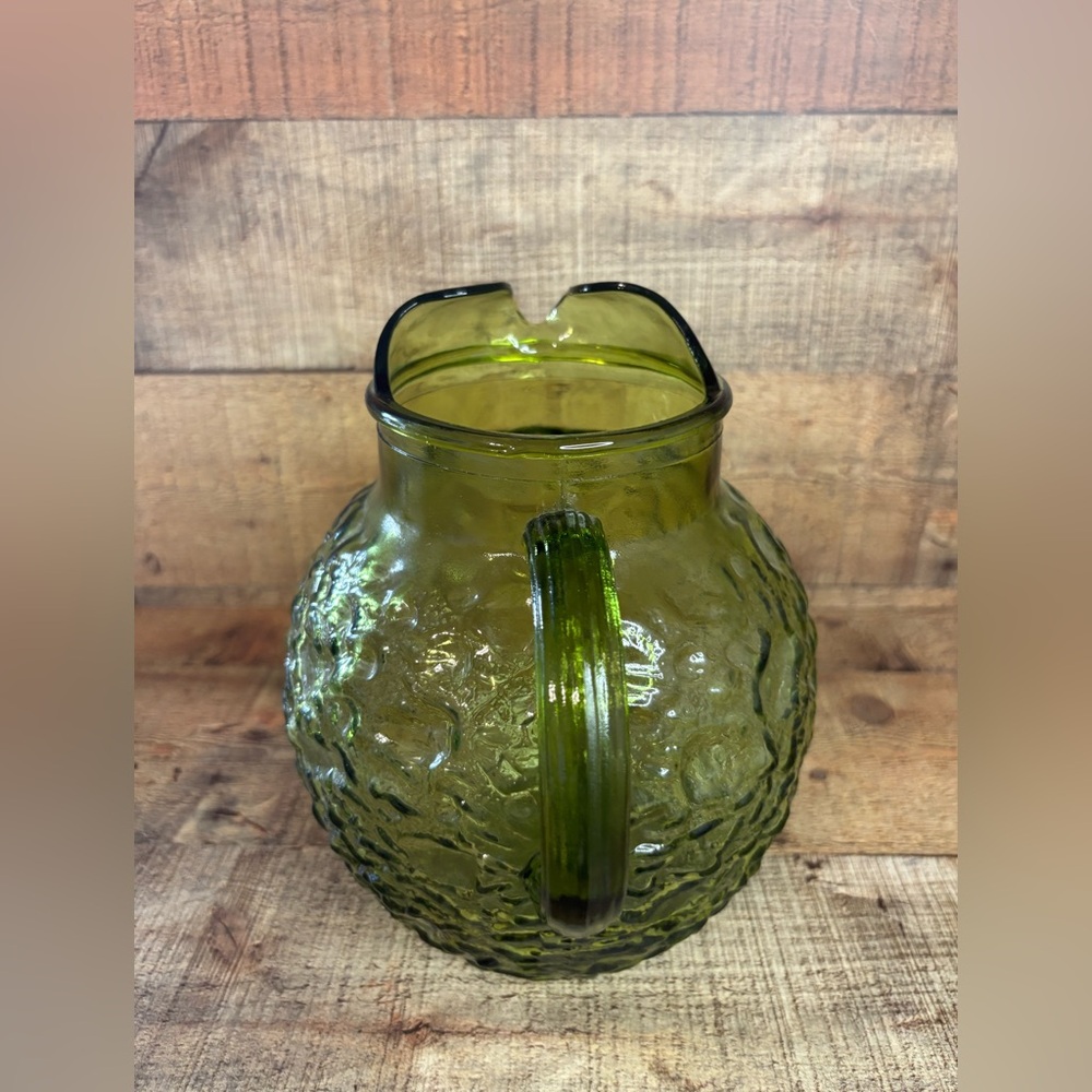 Vintage Anchor Hocking 60’s Lido Milano Crinkle Glass Ball Pitcher Avocado Green - Picture 4 of 9